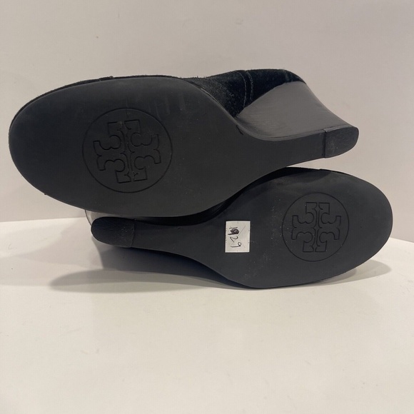 Tory Burch Adrienne Chelsea Boots 7.5 Gold Buckle Black Suede Leather Wedge Heel - Picture 12 of 12